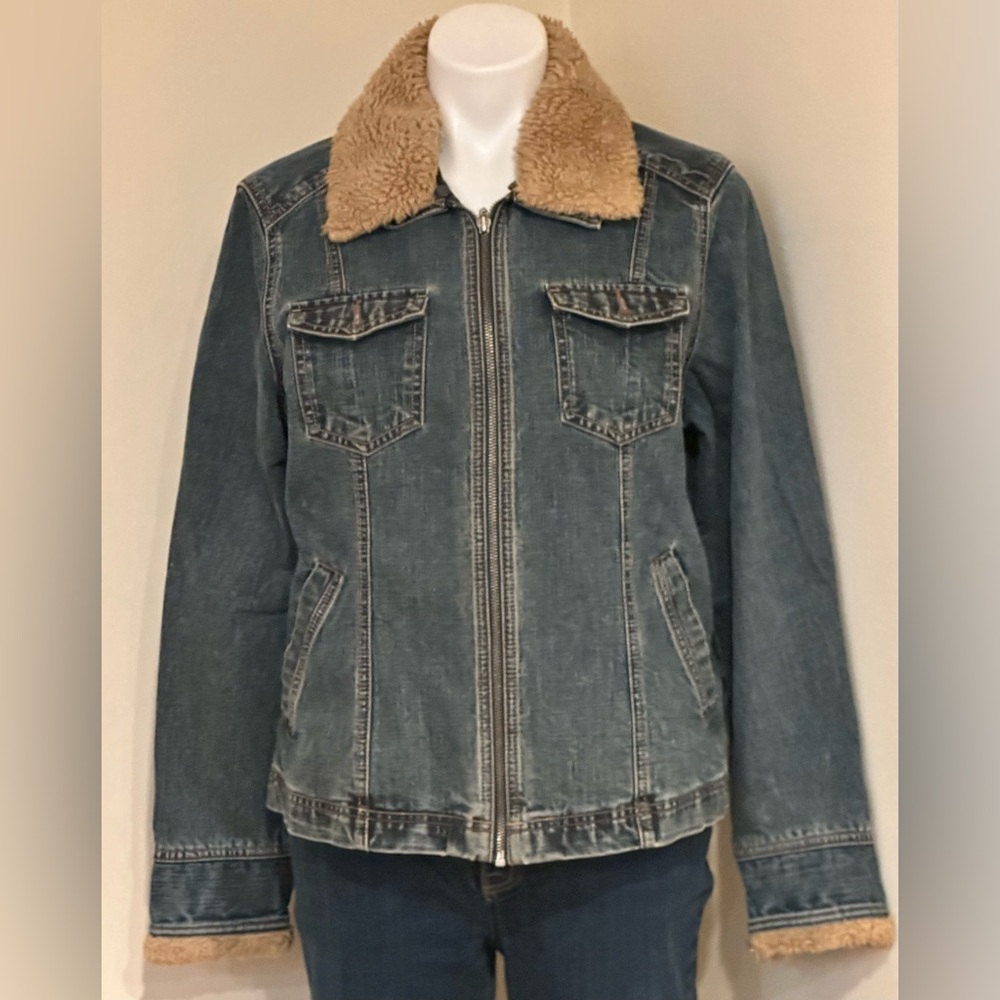 FRENCH CUFF Blue Denim  Faux Shearling Sleeves Removable Collar Jean Jacket Sz L